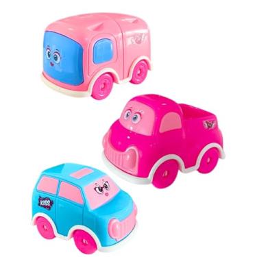 Imagem de Carrinhos de Brinquedo Kit 3 Carrinhos Coloridos e Divertidos para Crianças – Mini Bus, Van e Pick-Up, Plástico Resistente, Certificação INMETRO, Menino e Menina (Rosa)
