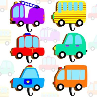 Imagem de 6 peças de gancho para crianças, desenhos animados, carros, casacos, madeira, colorido, para pendurar na parede, para quarto de meninos, pendurar na parede, de madeira, bonito, chapéu, para roupas