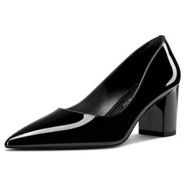 Imagem de Aachcol Sapato feminino de couro envernizado para festa de escritório, salto médio, grosso, bico fino, salto de 6 cm, Preto, 36