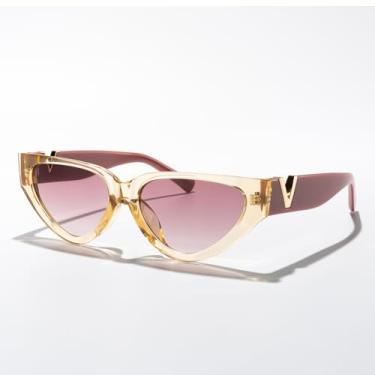 Imagem de Óculos de sol modernos em forma de V olho de gato, armação triangular, vintage, unissex, para mulheres, homens, festa ao ar livre, declaração de moda, Armação amarela tra/lente gradiente marrom, Lens