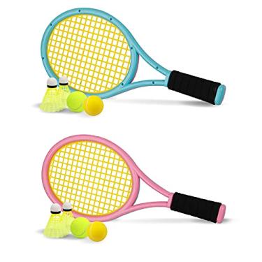 Imagem de Nileatry Raquete de tênis infantil com bolsa, raquete de plástico inclui 2 bolas de espuma, 2 bolas de tênis, 4 badminton para crianças, brincadeiras esportivas ao ar livre/interno (rosa e azul)