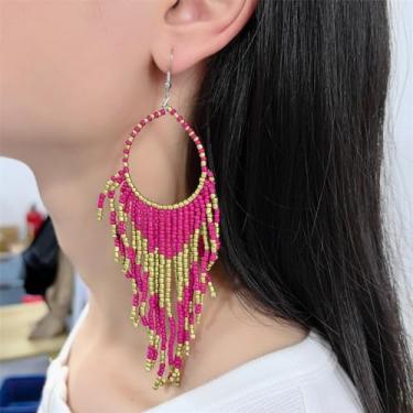 Imagem de Brincos femininos com franja longa com pingente boho com contas de bola boho com corrente de argola e franja de gancho pendurado, lustre tribal, joia exagerada para apanhar sonhos, Large, Metal, Sem