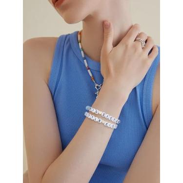 Imagem de 2 peças 2 pulseiras elásticas com contas de coração para mulheres presentes elegantes, diâmetro interno: 1-3/4 polegadas (4,3 cm), Medium, Acrílico, Sem Pedra Preciosa