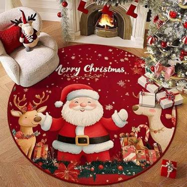Imagem de Mini tapete redondo vermelho de Natal de 38 cm, tapete de Papai Noel com desenho animado, macio e não derrama, tapete estampado em árvore de Natal, tapete lavável para quarto (estilo 2)