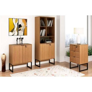 Imagem de Escritório Completo Industrial 1 Balcão, 1 Armário, 1 Gaveteiro 3 Peças Amêndoa-preto