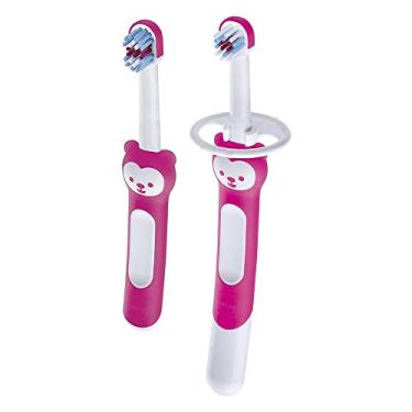 Imagem de MAM Baby Kit Com 2 Escovas de Dentes Learn to Brush, 1 Com Cabo Alongado e 1 Com Cabo Curto, para Crianças de 5+ Meses Com Cabo Ergonômico e Fácil de Segurar, Rosa