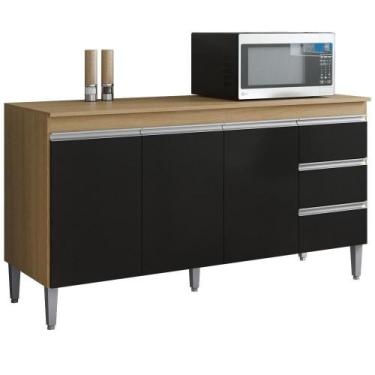 Imagem de Balcão Com Tampo 3 Portas 3 Gavetas 160 Cm Andreia Amendoa Preto Reajl