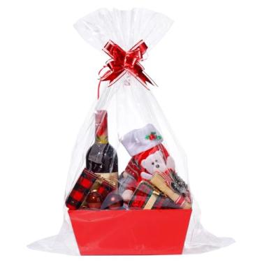 Imagem de MADHOLLY Conjunto de 6 cestas para presentes vazias - kit de cesta de presente Kraft resistente com envoltório de celofane e laços de puxar para presente de Dia dos Namorados, aniversário, casamento,