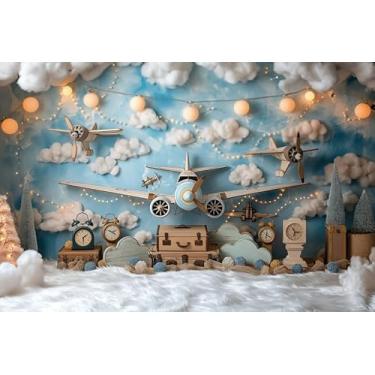 Imagem de ZJRBJB Decoração de chá de bebê de avião de 3 x 2,4 m, pano de fundo, relógio de nuvem branca, fundo de céu azul, tema de avião, revelação de gênero, menino, festa de aniversário, banner, cabine