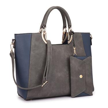 Imagem de Bolsa feminina de couro vegano em dois tons, bolsa de trabalho com alça superior grande com alça de pulso combinando, Cinza, 13.5"–15.5"W x 11.75"H x 5.75"D