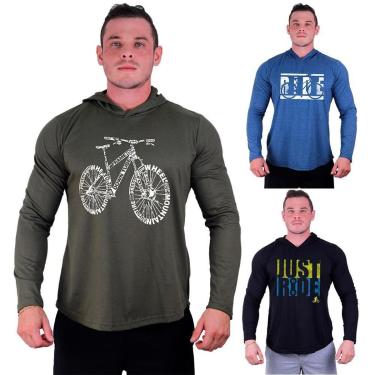 Imagem de Kit 3 Camisetas Manga Longa com Touca Longline Estampada Treino Academia Lazer Casual-Masculino