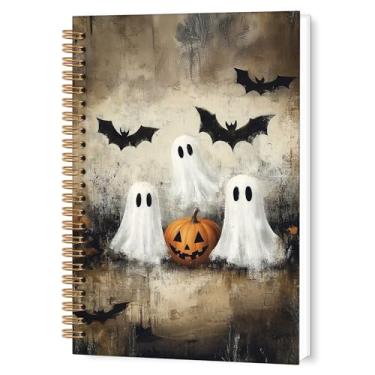 Imagem de TWRVI Caderno espiral vintage de Halloween, fantasma assustador, abóbora, morcego, caderno pautado na faculdade, material de escritório escolar, cadernos retrô de Halloween, 14 x 21 cm, 164 páginas