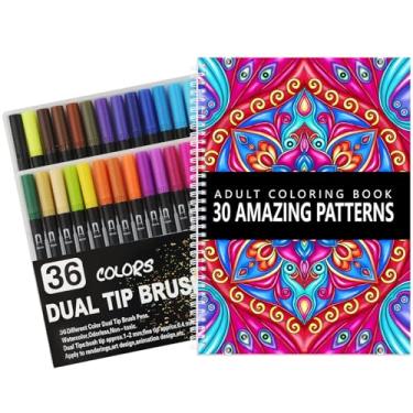 Imagem de Suroret Conjunto de livros de colorir mandala, livro de colorir encadernado em espiral com marcadores de 36 cores, presentes de alívio de ansiedade de relaxamento com 30 estampas para adultos