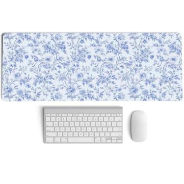 Imagem de PaJiaNi Mouse pad Chinoiserie azul claro, tapete de mesa floral vintage azul e branco, GG, grande, vintage, floral, tapete de mouse para jogos, tapete de mesa para laptop feminino para dormitório