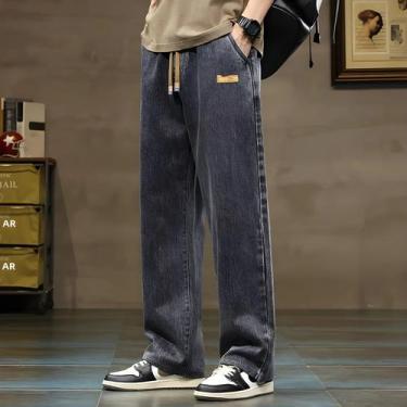 Imagem de Calça Jeans Masculina Y2K - Perna Reta e Larga, Azul Cinza com Cordão,