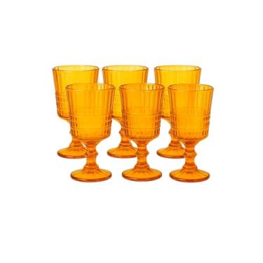 Imagem de Conjunto de 6 Taças de Vinho em Vidro Listrado, Âmbar, 360ml, Design Retrô, Base Pedestal, 16,2cm Altura x 8,6cm Largura, Alto-Relevo