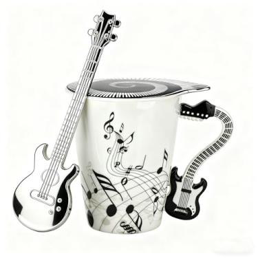 Imagem de Caneca de guitarra com design exclusivo de notas musicais xícara de café com tampa temática legal e colher de guitarra, presentes para guitarristas, músicos, amantes de música, presente para mulheres