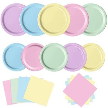 Imagem de Oigco 150 peças de decorações de aniversário pastel - pratos e guardanapos de papel pastel - Decorações de festa arco-íris para aniversário, chá de bebê, casamento, serve 50