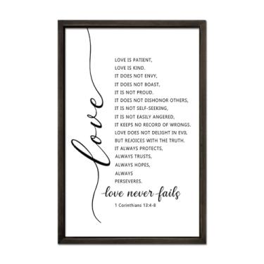 Imagem de FZMHASLWW Love Is Patient Kind Decoração de parede 61 cm × 40 cm Love Never Fails 1 Corinthians 13 placa de verso da Bíblia grande moldura de madeira arte para pendurar na parede (preto)