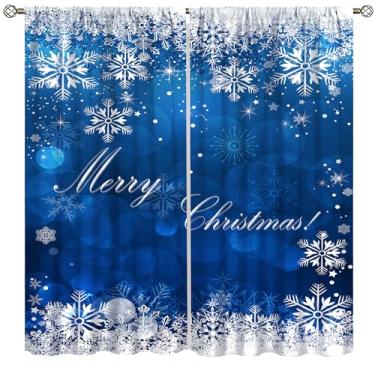 Imagem de Cortinas de Natal para cozinha, flocos de neve, azul, branco, árvore de Natal, cenário de neve, bola colorida, ano novo, inverno, férias, janela, tratamentos para quarto de crianças, sala de estar