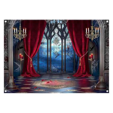 Imagem de Tapeçaria pendurada na parede, castelo gótico de Halloween, mansão assombrada