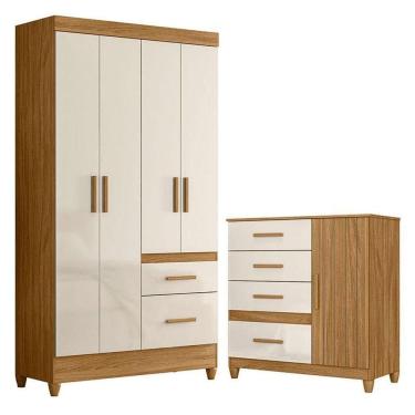 Imagem de Guarda Roupa Solteiro Madri E Cômoda Vênus Com Pés Freijó Off White - Moval