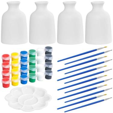 Imagem de Kit de pintura de cerâmica 4 peças para adultos, conjunto de vaso branco de 7,9 cm (8 cm) com 6 cores de tinta, 2 pincéis e pétalas de paleta, kit de pintura de cerâmica DIY, conjunto de arte em casa