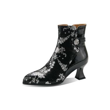 Imagem de TinaCus Bota feminina de couro envernizado feita à mão bico fino com zíper lateral impresso salto baixo carretel, Preto, 34