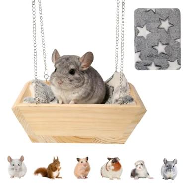 Imagem de Hollima Cama grande de madeira suspensa com tapete de pelúcia macio para chinchila, rede para gaiola de rato, balanço de furão de porquinho-da-índia, acessórios de gaiola de animais pequenos para