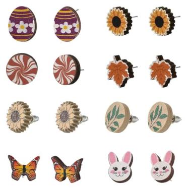 Imagem de SUNNYCLUE 1 caixa 8 pares de brincos de madeira conjunto de brincos de madeira natural plana redonda pingentes de cabochão folha de árvore cacto raposa com porcas de orelha de aço inoxidável para mulheres suprimentos de joias