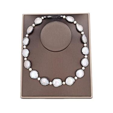 Imagem de Joias de 50,8 cm, moeda branca, pérola de água doce, macarsita preta, colar com pingente feito à mão para mulheres