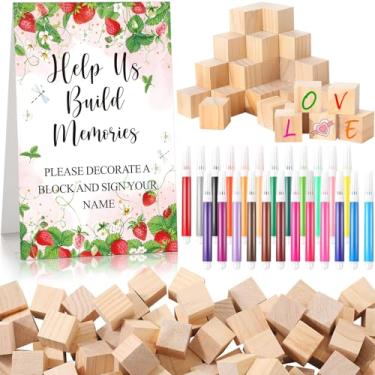 Imagem de Dinifee Conjunto de 125 peças para decorar um jogo de blocos para chá de bebê, inclui placa Help Us Build Memories, 100 blocos de madeira em branco faça você mesmo, 24 marcadores de tinta, prêmio para