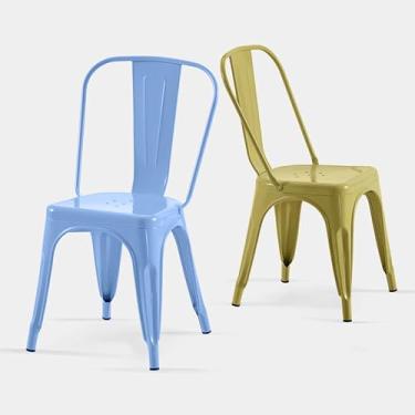 Imagem de AC Pacific Cadeiras de jantar de metal industrial de 45,7 cm de altura, assento empilhável de cozinha ou bar, design moderno durável, móveis com detalhes versáteis, conjunto de 4, amarelo e azul bebê