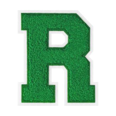 Imagem de 1 peça de patch de letra de chenille verde de 11,4 cm com borda branca – adesivos do alfabeto para roupas, jaquetas, mochilas, chapéus para decoração personalizada, nome personalizado e artesanato. (R