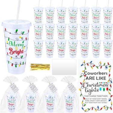 Imagem de Willinglong Pacote com 24 copos de plástico de Natal a granel 680 g Lâmpada de Natal reutilizáveis copos de bebida com tampa canudo cartões de Natal sacos de embrulho presentes de agradecimento de