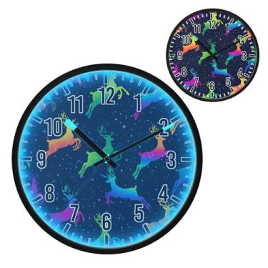 Imagem de Blueangle Relógio de parede LED que brilha no escuro e ativado por voz, silencioso, design de rena arco-íris neon de 30,5 cm, operado por bateria para decoração de quarto e sala de estar (250)