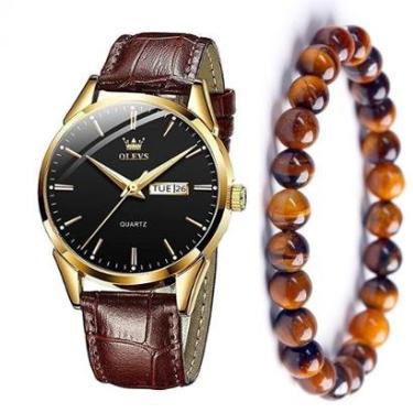 Imagem de Kit Relógio Social Masculino Em Couro Gold Olevs + Pulseira-Masculino