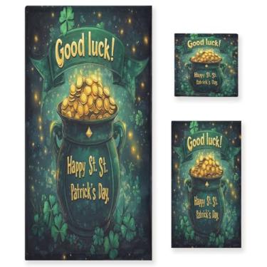 Imagem de Blueangle Conjunto de toalhas decorativas de banheiro com padrão de pote dourado do dia de São Patrício, conjunto de 3 peças com toalha de banho, toalha de mão e toalha de banho (204)