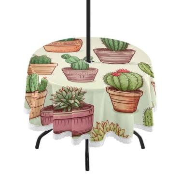 Imagem de ATTX Toalha de mesa redonda Cacti Outdoor – 152 cm, impermeável, à prova de derramamento, uso interno/externo, com orifício para guarda-chuva com zíper para acampamento, piquenique, praia, festa