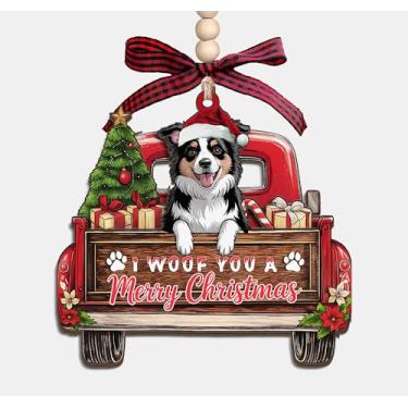 Imagem de Enfeite de madeira I Woof You A Merry Christmas - Caminhão de Natal com Border Collie Dog enfeite de lembrança de madeira de 3 camadas presentes para mulheres e homens amantes de animais de estimação