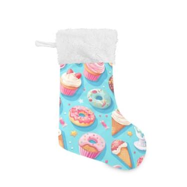 Imagem de ATTX Pacote com 2 meias de Natal com estampa de cupcakes donuts com punho de pelúcia branco - Decoração de Natal para presentes, meia de 43 cm (78)