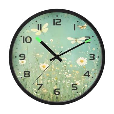 Imagem de SEHANY Relógio de parede com flores de ervas verdes, silencioso, sem tique-taque, relógio redondo operado por bateria, controle de som, luz noturna, relógios de parede para sala de estar, cozinha