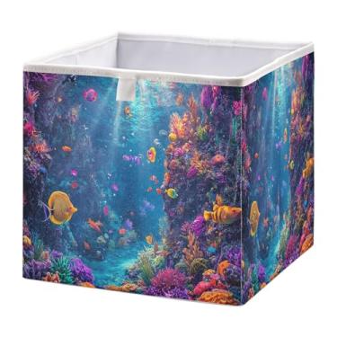 Imagem de SEHANY Cesto de armazenamento dobrável de peixes marinhos coloridos, grande e dobrável, organizador de tecido, cestas de armazenamento para roupas, brinquedos, livros, armário, berçário, 28 x 28 x 28