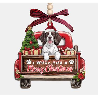Imagem de Enfeite de madeira I Woof You A Merry Christmas - Caminhão de Natal com Springer Spaniel Inglês 3 camadas de madeira enfeite de lembrança presentes para mulheres e homens amantes de animais de