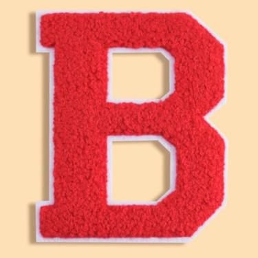 Imagem de QianSiLi Remendos de letras universitárias de chenille vermelho de 11 cm, letras grandes para jaquetas Letterman, moletons com capuz, mochilas, coletes, roupas, adesivos individuais da letra B