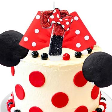 Imagem de LaVenty Decoração de 7º aniversário para bolo vermelho com laço, decorações de aniversário vermelhas, serve para decorações de aniversário da Minnie Mouse, para decorações de festa Minnie Mouse