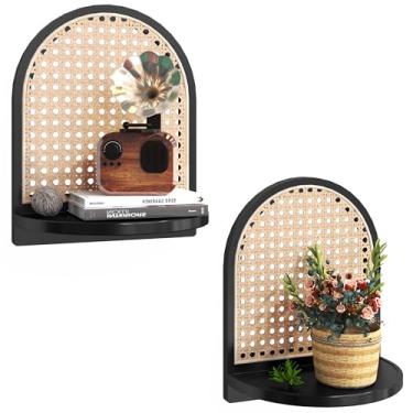 Imagem de MVPSONAG Conjunto de 2 prateleiras de vime, prateleira de vime preta de 18 cm com decoração de vime, decoração de parede Boho pequena prateleira flutuante para exibição de estatuetas de plantas, mini