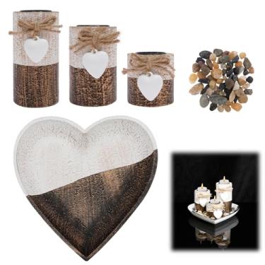 Imagem de ZFLYCANP Conjunto de castiçais de madeira para luz de chá, castiçais rústicos de tealight, suportes de vela vintage com bandeja em forma de coração e pedras decorativas para festa de casamento rústica