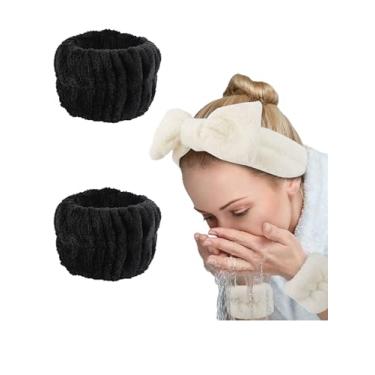Imagem de Pulseiras para lavar o rosto, 2 pulseiras absorventes de microfibra para spa, toalhas elásticas de lavagem facial para mulheres e crianças (preto)