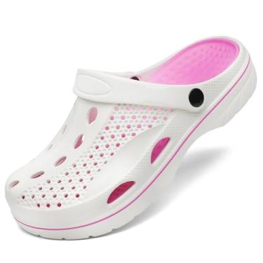 Imagem de VZQ Pantufas femininas e masculinas com suporte de arco sem cadarço para jardim, sandálias de praia ao ar livre com fascite plantar, palmilhas acolchoadas para pés, Branco e vermelho rosa, 7.5-8.5